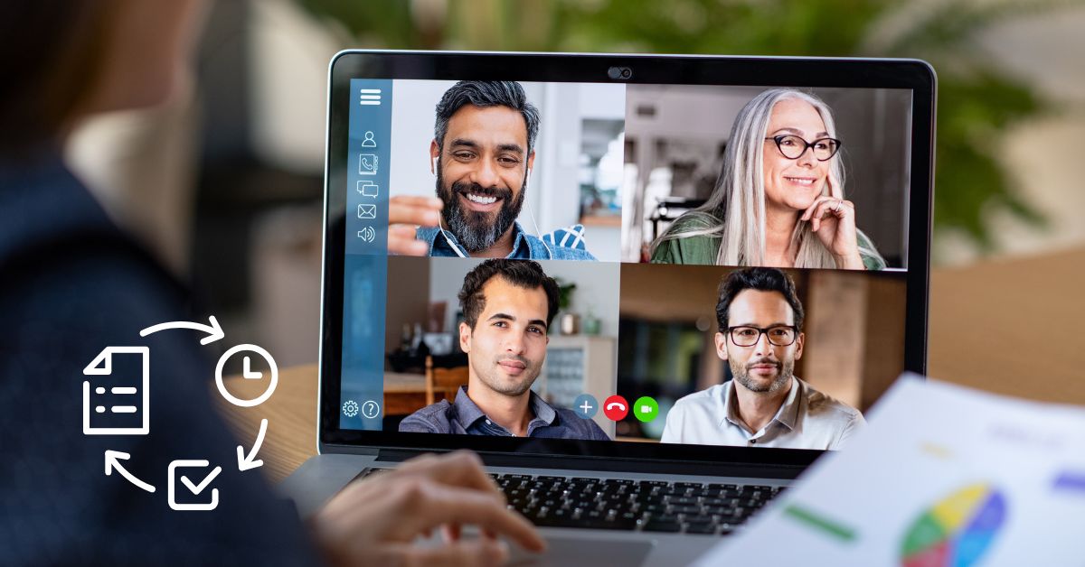 A diverse remote team collaborating via video conference, showcasing effective communication and teamwork in a virtual work environment.