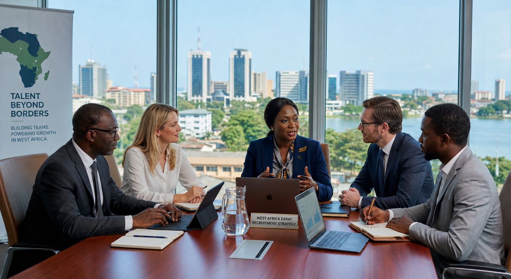 Diverse corporate executives discussing international talent acquisition in a modern boardroom. Expatriate recruitment and executive search services for West Africa by Expertise Recruitment.