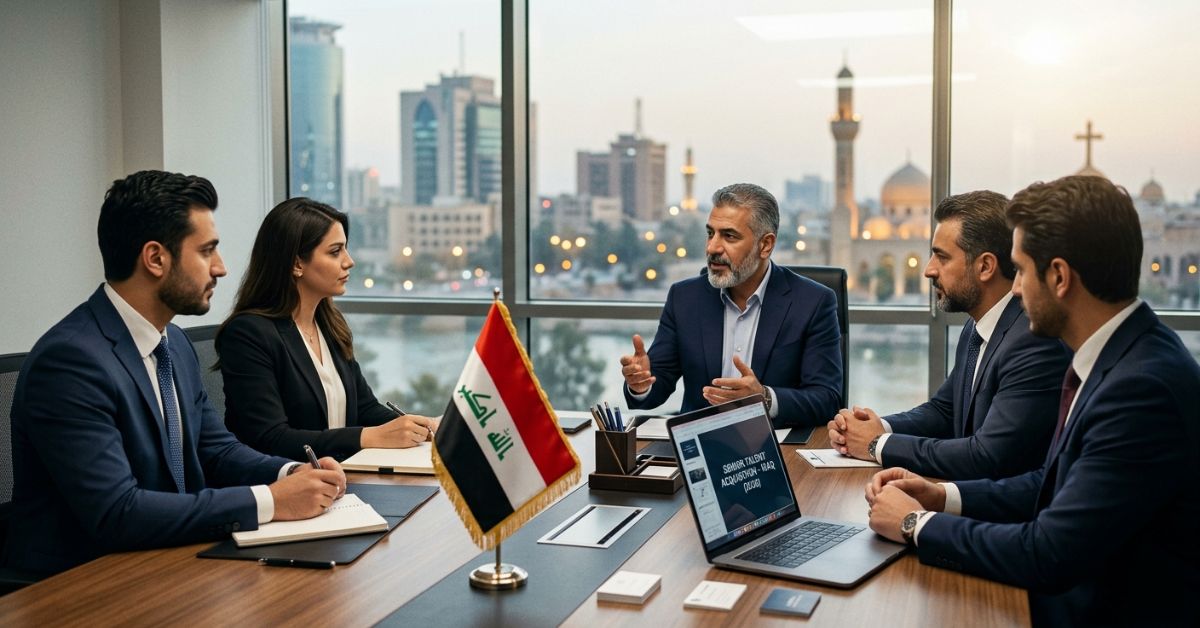 International employers discussing senior talent acquisition in Iraq during a corporate boardroom meeting in Baghdad.