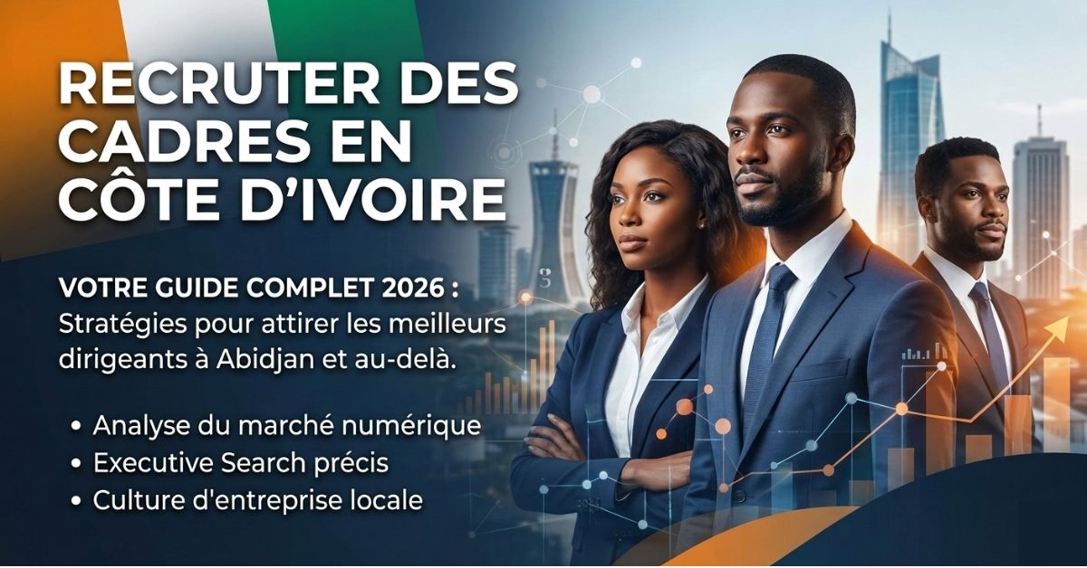 Professionnels et hauts dirigeants en costume devant la skyline d'Abidjan pour le guide du recrutement de cadres en Côte d'Ivoire.